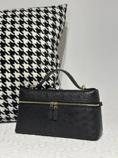 Ostrich Leather Black Gold Hardware Top Handle Bag WOB016 image 2