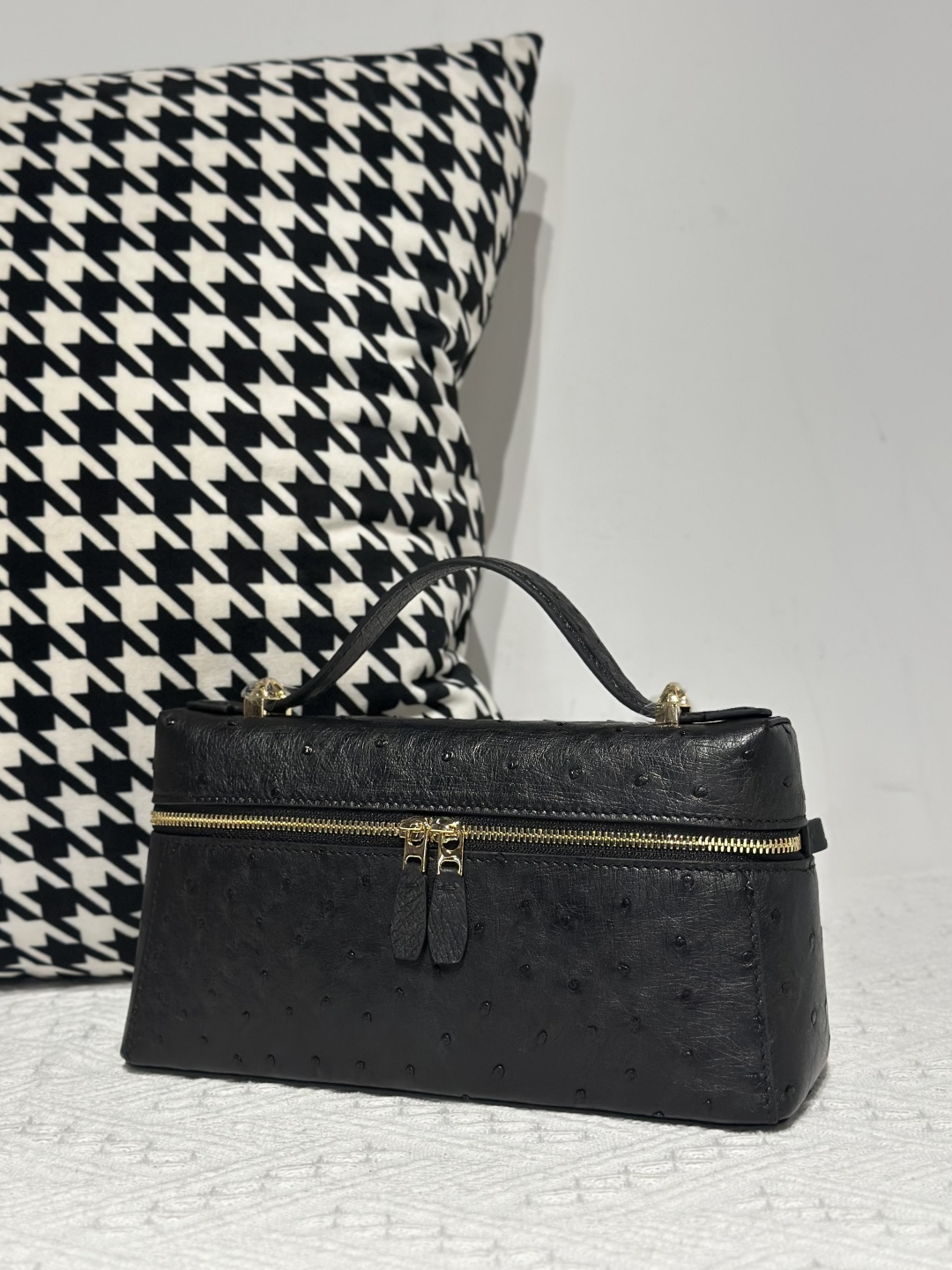 Ostrich Leather Black Gold Hardware Top Handle Bag WOB016 image 2