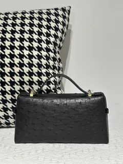 Ostrich Leather Black Gold Hardware Top Handle Bag WOB016 image 3