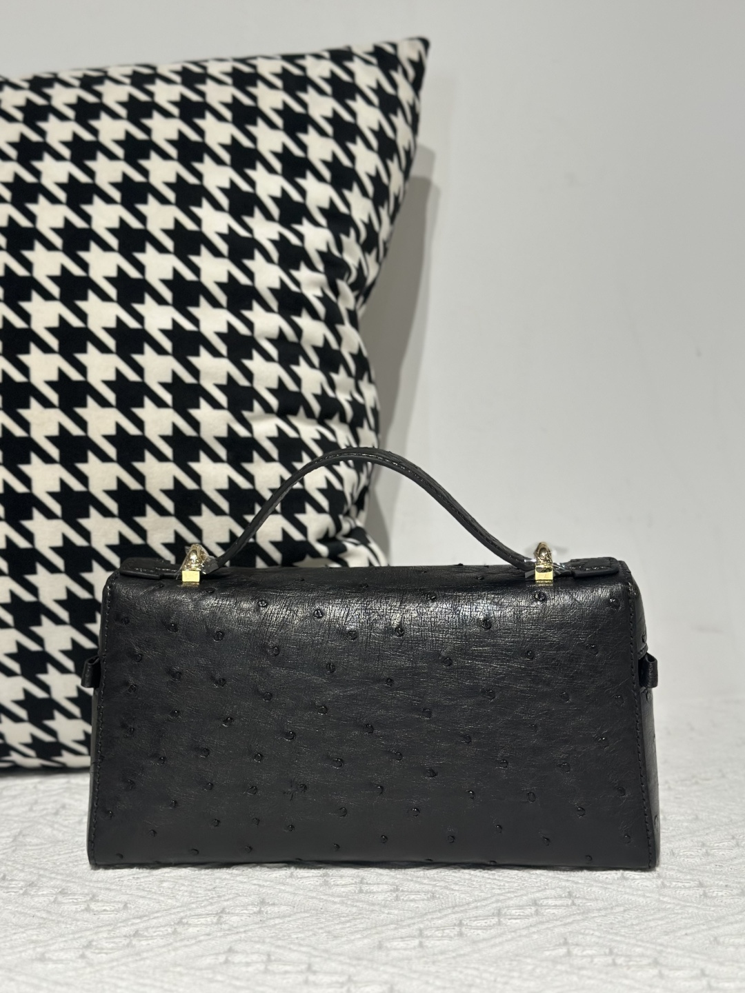 Ostrich Leather Black Gold Hardware Top Handle Bag WOB016 image 3