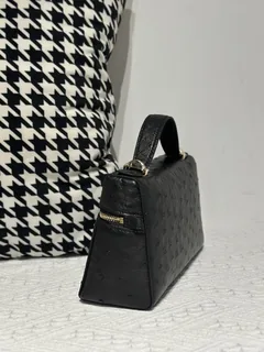 Ostrich Leather Black Gold Hardware Top Handle Bag WOB016 image 4