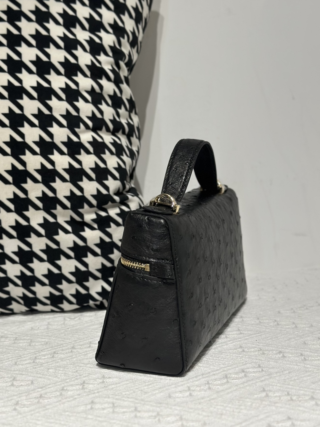 Ostrich Leather Black Gold Hardware Top Handle Bag WOB016 image 4