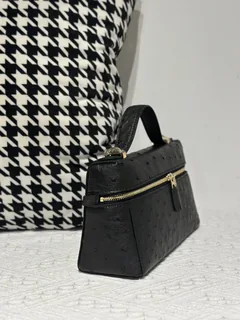 Ostrich Leather Black Gold Hardware Top Handle Bag WOB016 image 5