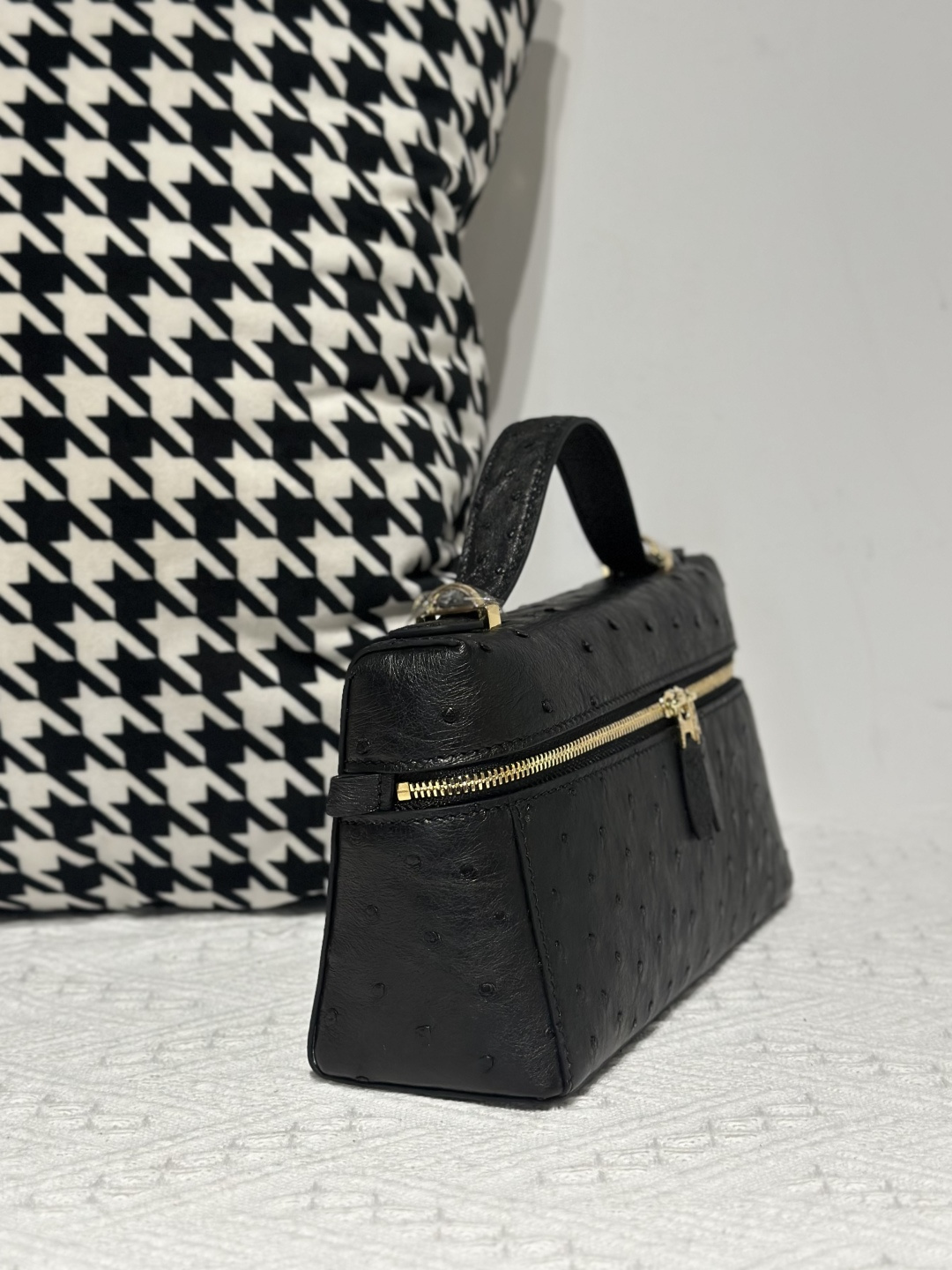 Ostrich Leather Black Gold Hardware Top Handle Bag WOB016 image 5