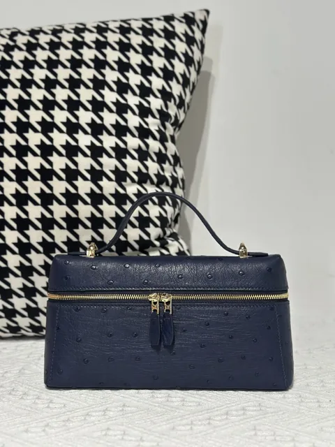 Ostrich Leather Royal Blue Gold Hardware Top Handle Bag WOB017