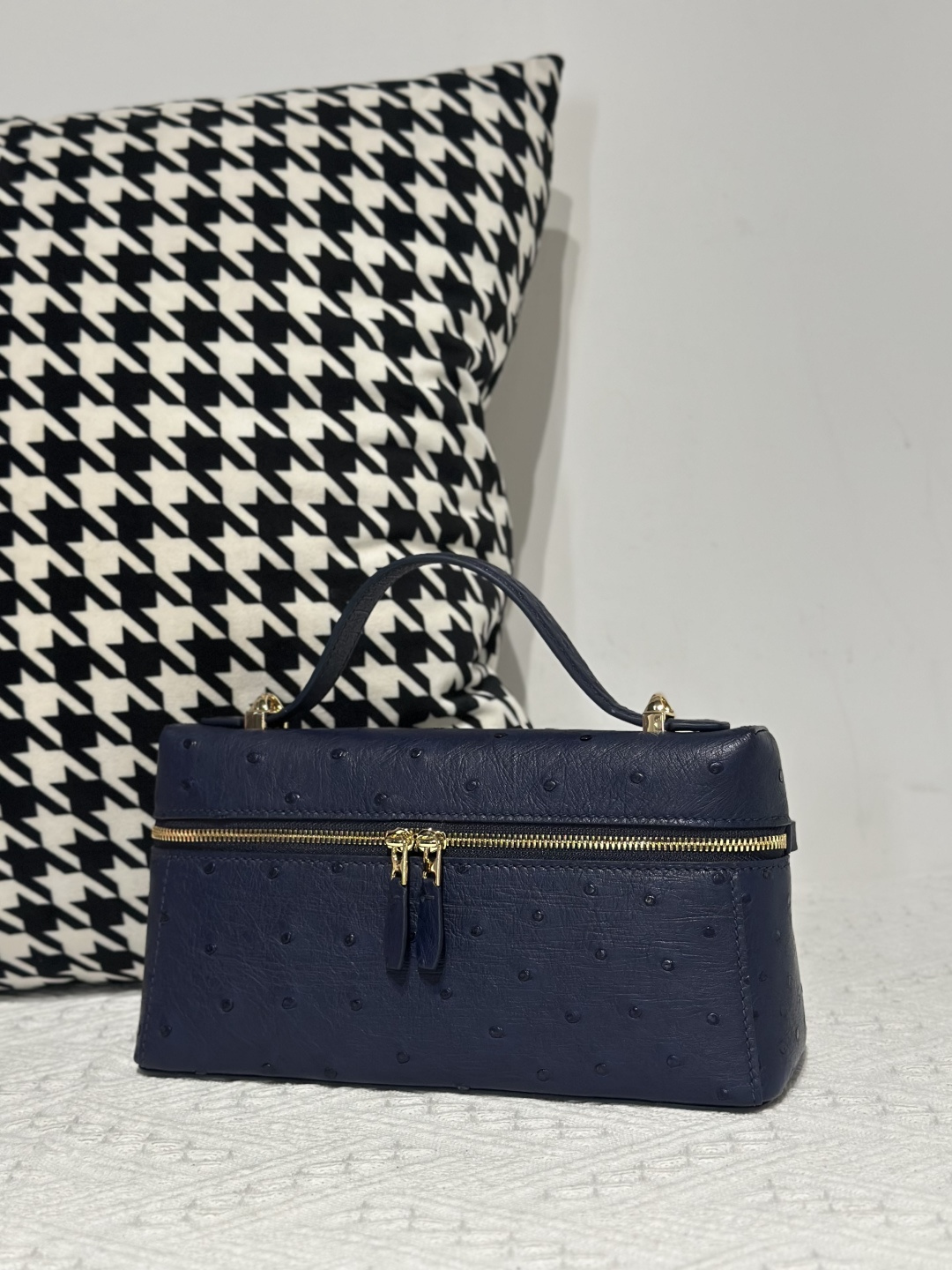 Ostrich Leather Royal Blue Gold Hardware Top Handle Bag WOB017 photo 2