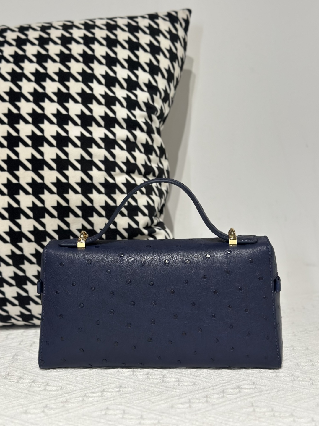 Ostrich Leather Royal Blue Gold Hardware Top Handle Bag WOB017 photo 3