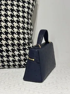 Ostrich Leather Royal Blue Gold Hardware Top Handle Bag WOB017 image 4