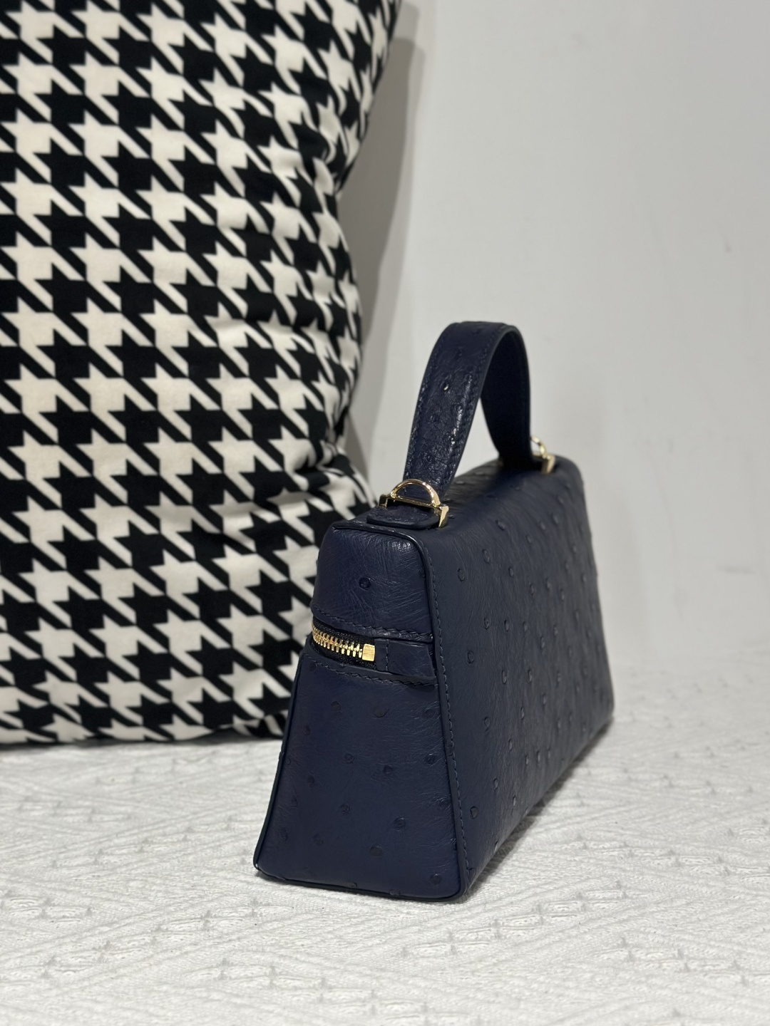 Ostrich Leather Royal Blue Gold Hardware Top Handle Bag WOB017 photo 4
