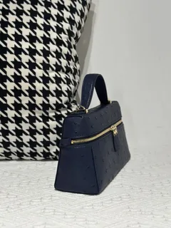 Ostrich Leather Royal Blue Gold Hardware Top Handle Bag WOB017 image 5