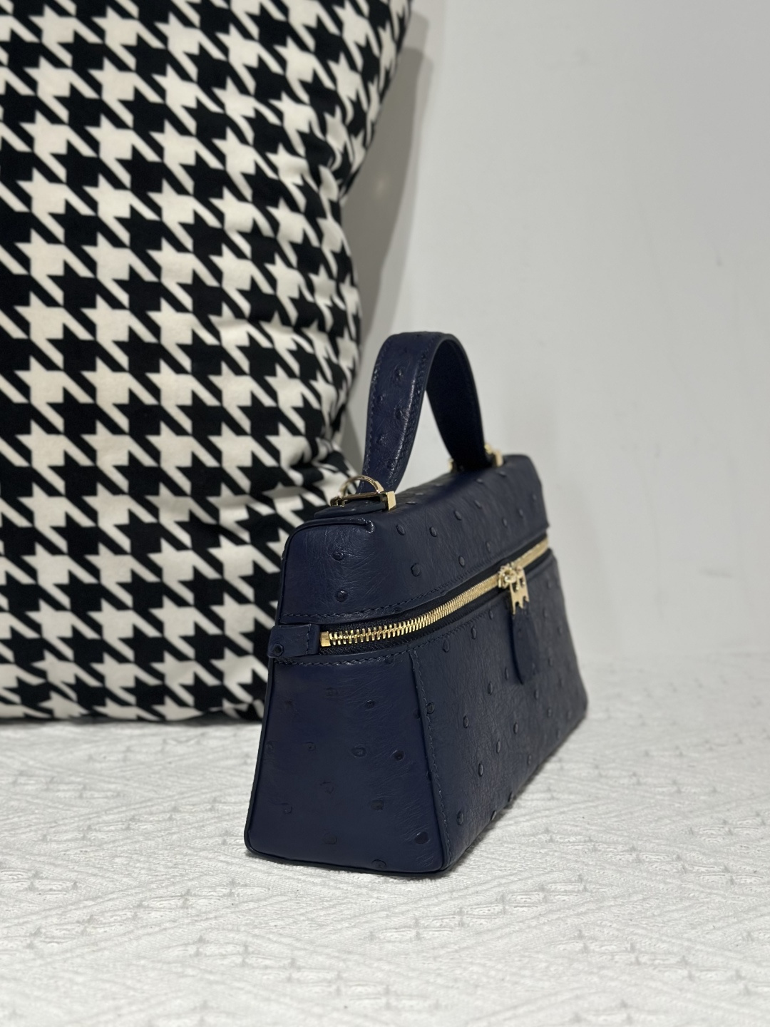 Ostrich Leather Royal Blue Gold Hardware Top Handle Bag WOB017 photo 5