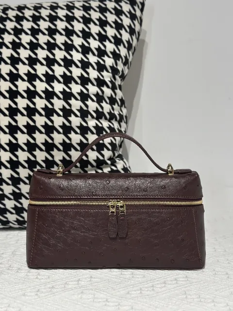 Ostrich Leather Brown Gold Hardware Top Handle Bag WOB018
