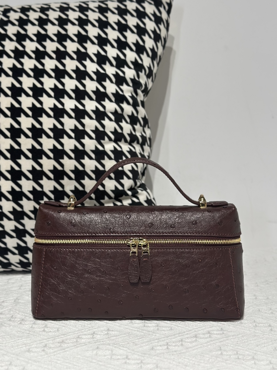 Ostrich Leather Brown Gold Hardware Top Handle Bag WOB018