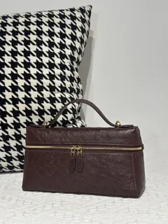 Ostrich Leather Brown Gold Hardware Top Handle Bag WOB018 image 2