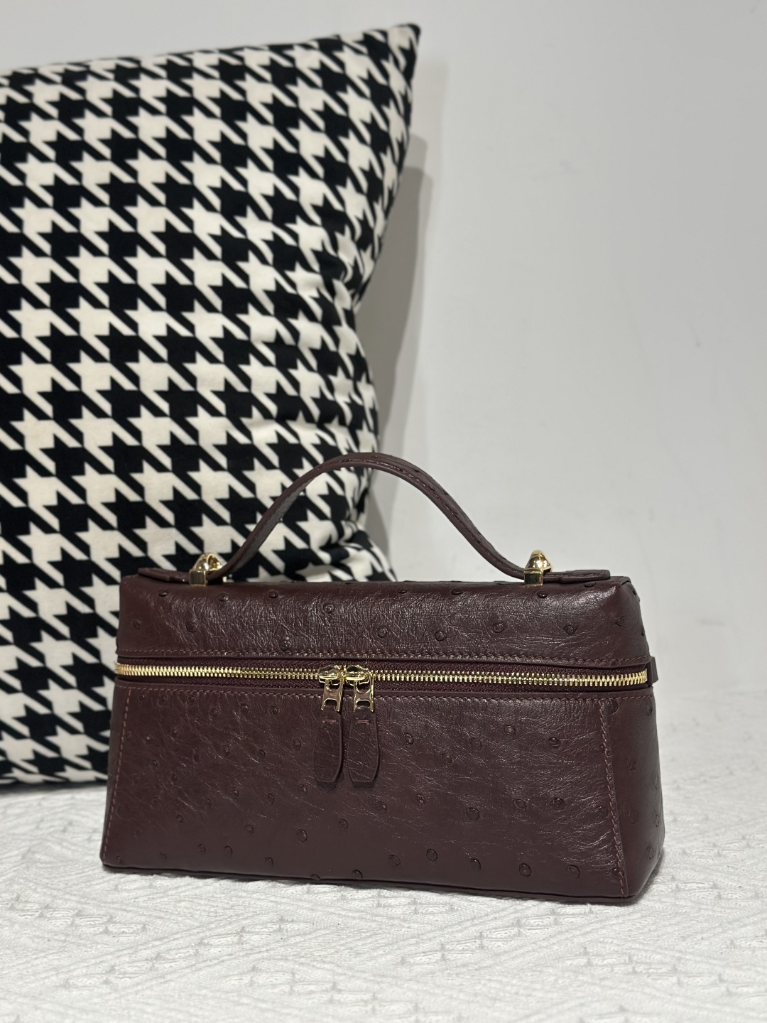 Ostrich Leather Brown Gold Hardware Top Handle Bag WOB018 image 2