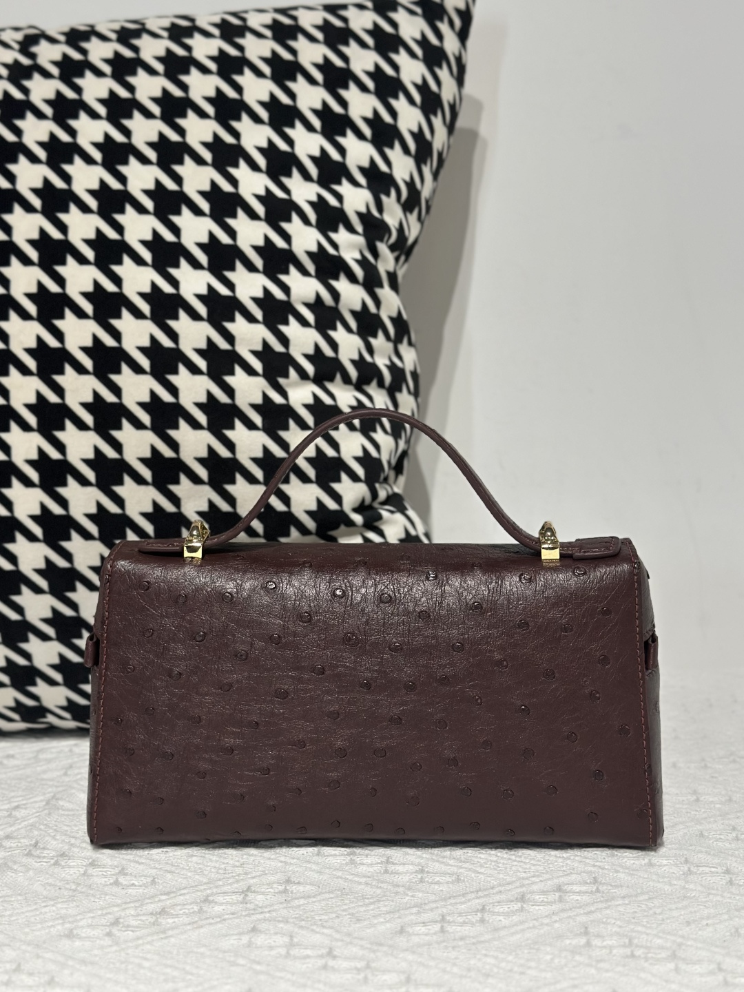 Ostrich Leather Brown Gold Hardware Top Handle Bag WOB018 image 3