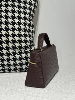 Ostrich Leather Brown Gold Hardware Top Handle Bag WOB018 image 4