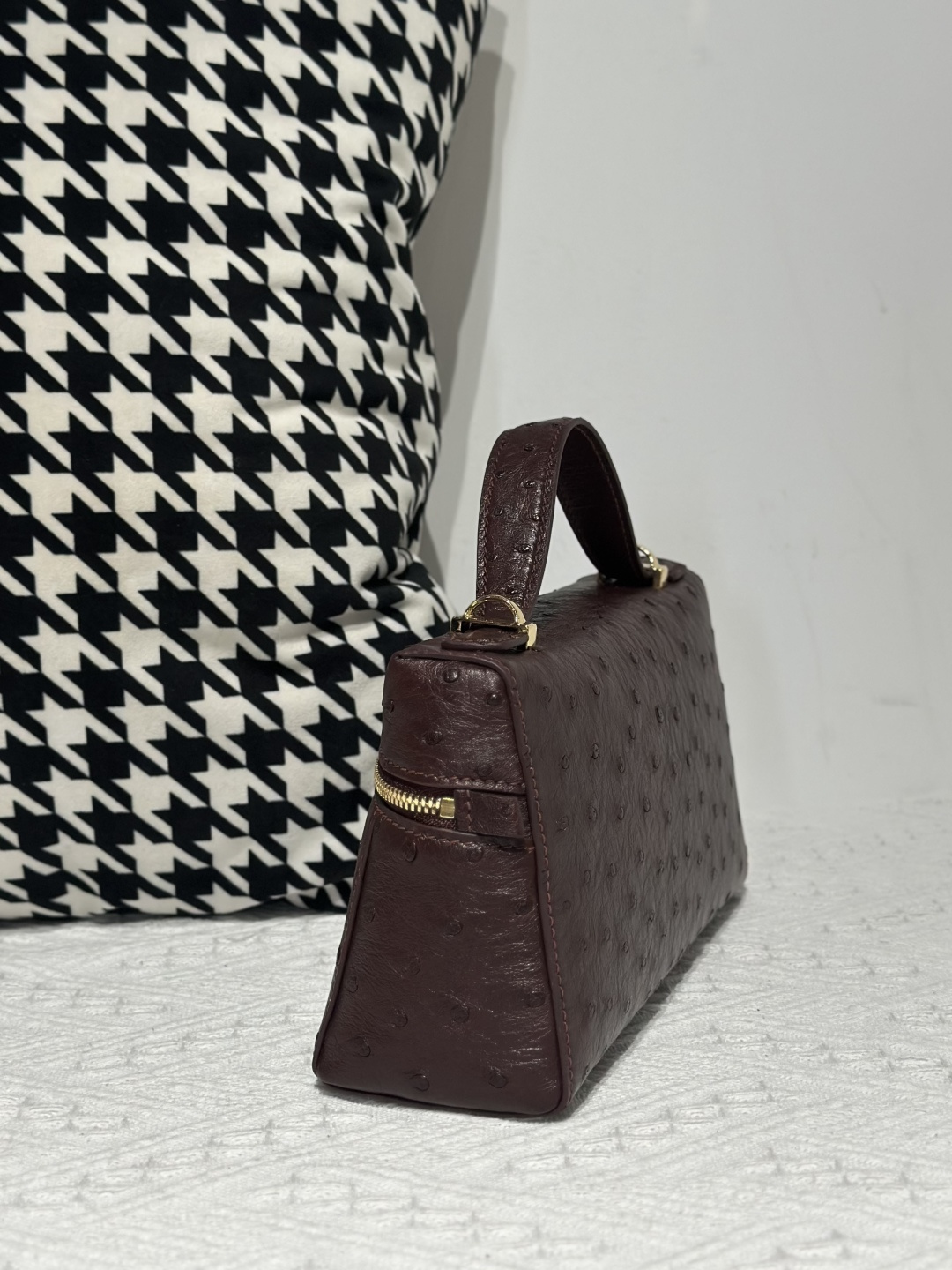 Ostrich Leather Brown Gold Hardware Top Handle Bag WOB018 image 4