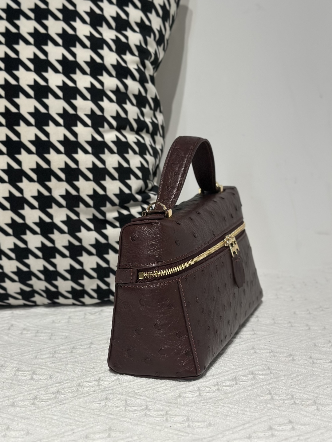 Ostrich Leather Brown Gold Hardware Top Handle Bag WOB018 image 5