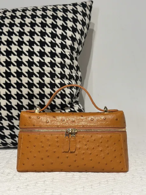 Ostrich Leather Golden Brown Gold Hardware Top Handle Bag WOB019