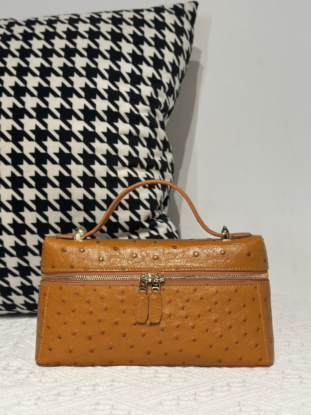 Ostrich Leather Golden Brown Gold Hardware Top Handle Bag WOB019