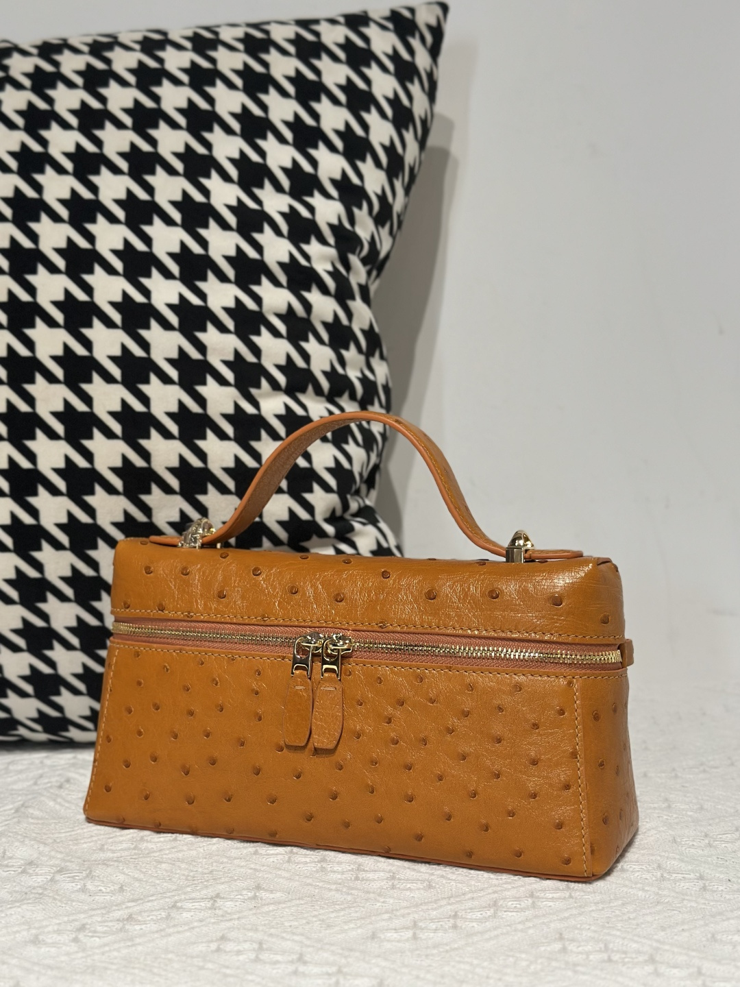 Ostrich Leather Golden Brown Gold Hardware Top Handle Bag WOB019 photo 2