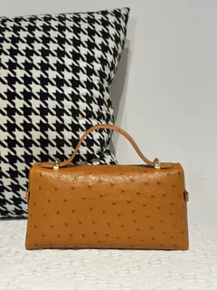 Ostrich Leather Golden Brown Gold Hardware Top Handle Bag WOB019 image 3