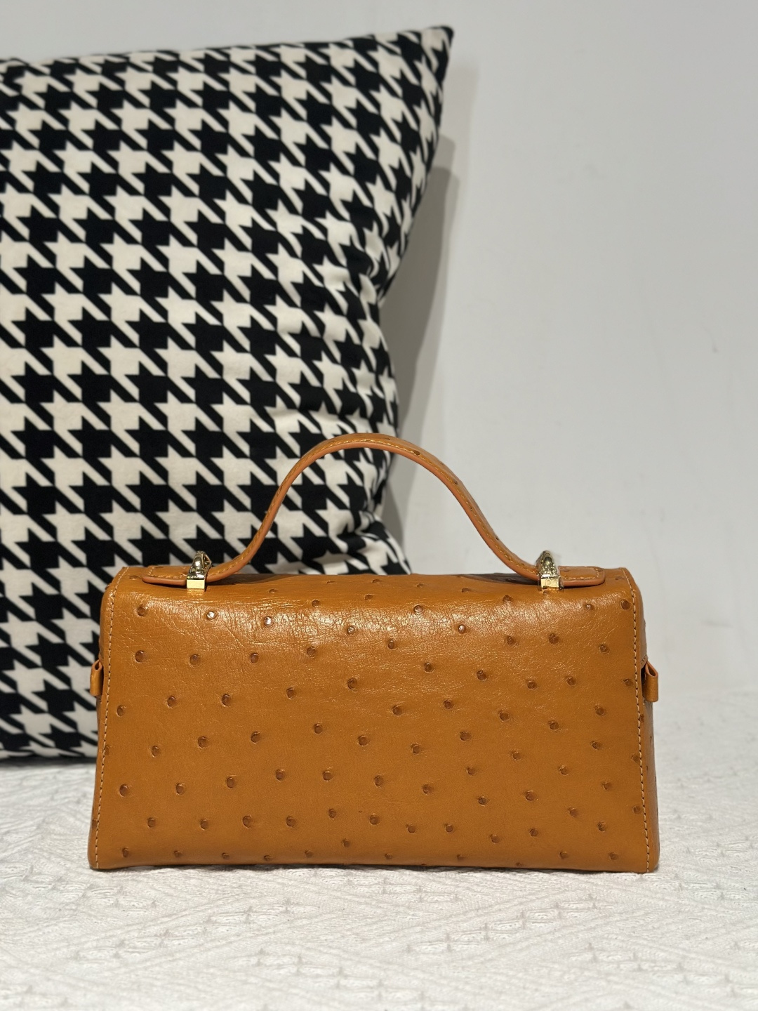 Ostrich Leather Golden Brown Gold Hardware Top Handle Bag WOB019 photo 3