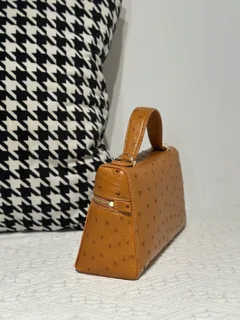 Ostrich Leather Golden Brown Gold Hardware Top Handle Bag WOB019 image 4