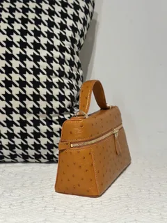 Ostrich Leather Golden Brown Gold Hardware Top Handle Bag WOB019 image 5