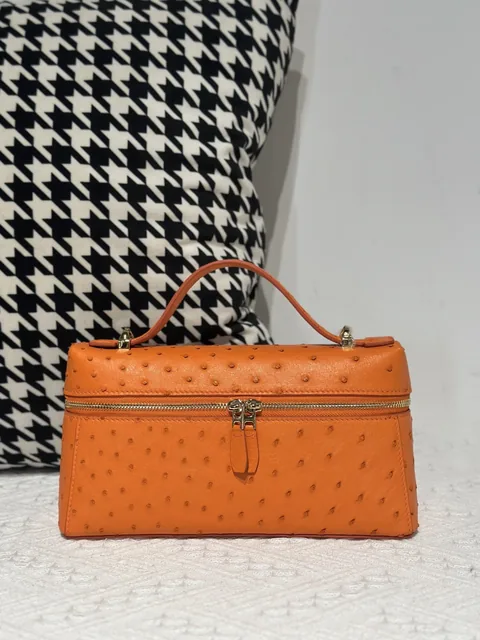 Ostrich Leather Orange Gold Hardware Top Handle Bag WOB021