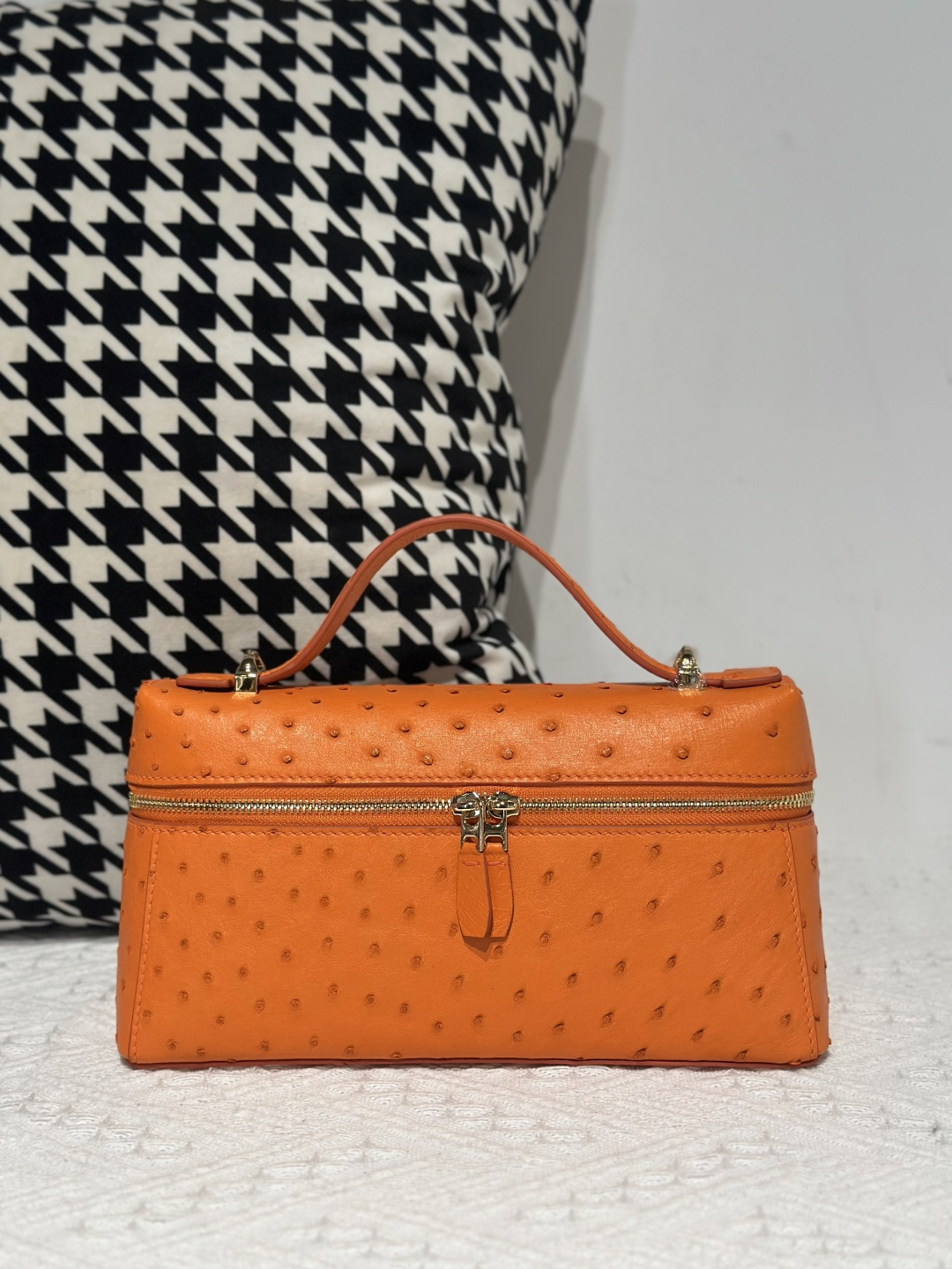 Ostrich Leather Orange Gold Hardware Top Handle Bag WOB021