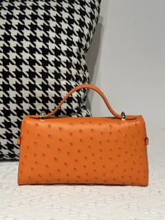 Ostrich Leather Orange Gold Hardware Top Handle Bag WOB021 image 3