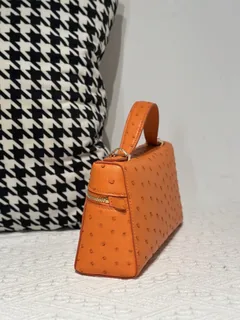 Ostrich Leather Orange Gold Hardware Top Handle Bag WOB021 image 4