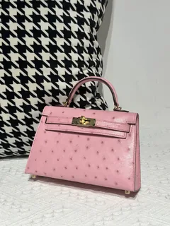 Ostrich Leather Bubble Pink Gold Hardware Series II Top Handle Bag WOB022 image 2