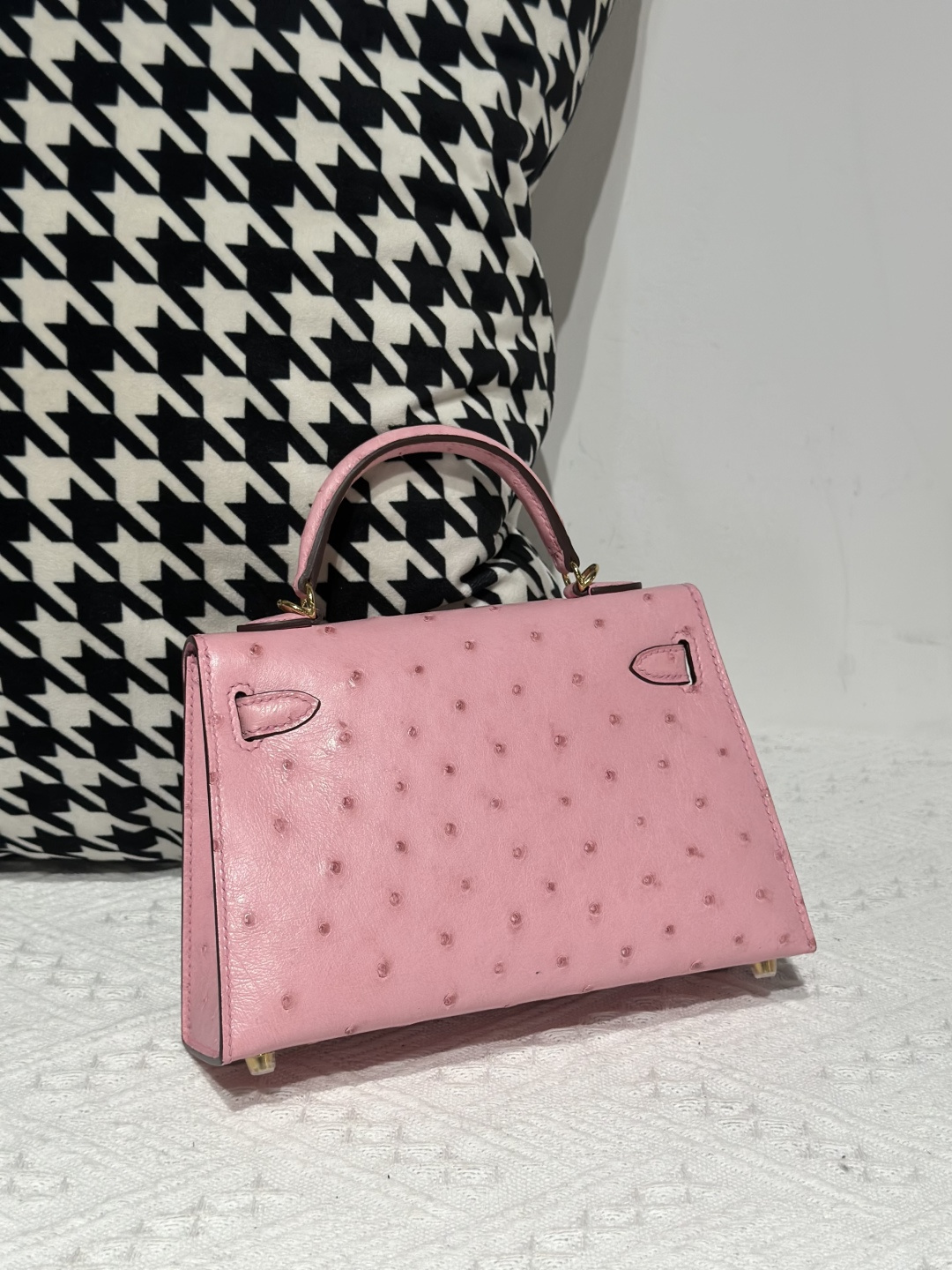 Ostrich Leather Bubble Pink Gold Hardware Series II Top Handle Bag WOB022 image 3