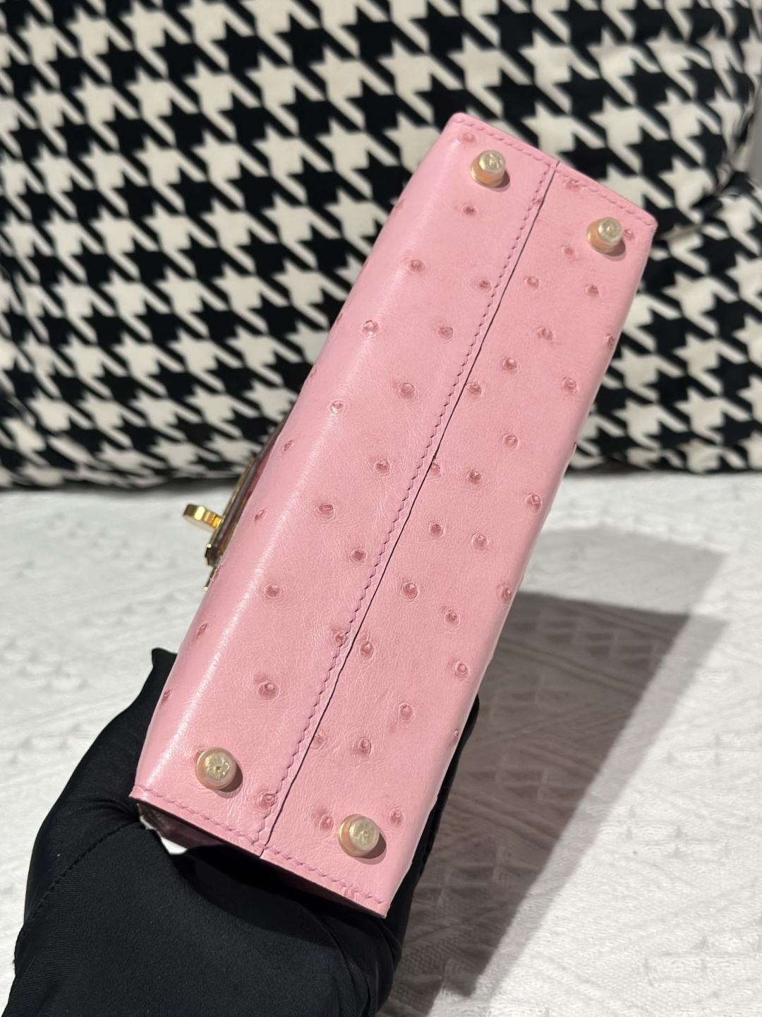 Ostrich Leather Bubble Pink Gold Hardware Series II Top Handle Bag WOB022 image 6