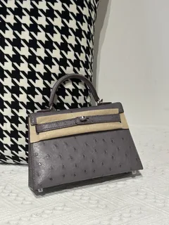 Ostrich Leather Agate Gray Silver Hardware Series II Top Handle Bag WOB024 image 1