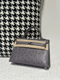 Ostrich Leather Agate Gray Silver Hardware Series II Top Handle Bag WOB024 image 2