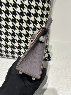 Ostrich Leather Agate Gray Silver Hardware Series II Top Handle Bag WOB024 image 4