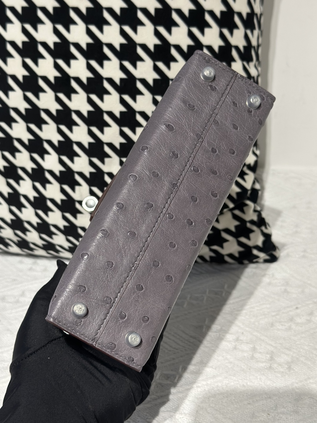 Ostrich Leather Agate Gray Silver Hardware Series II Top Handle Bag WOB024 image 6