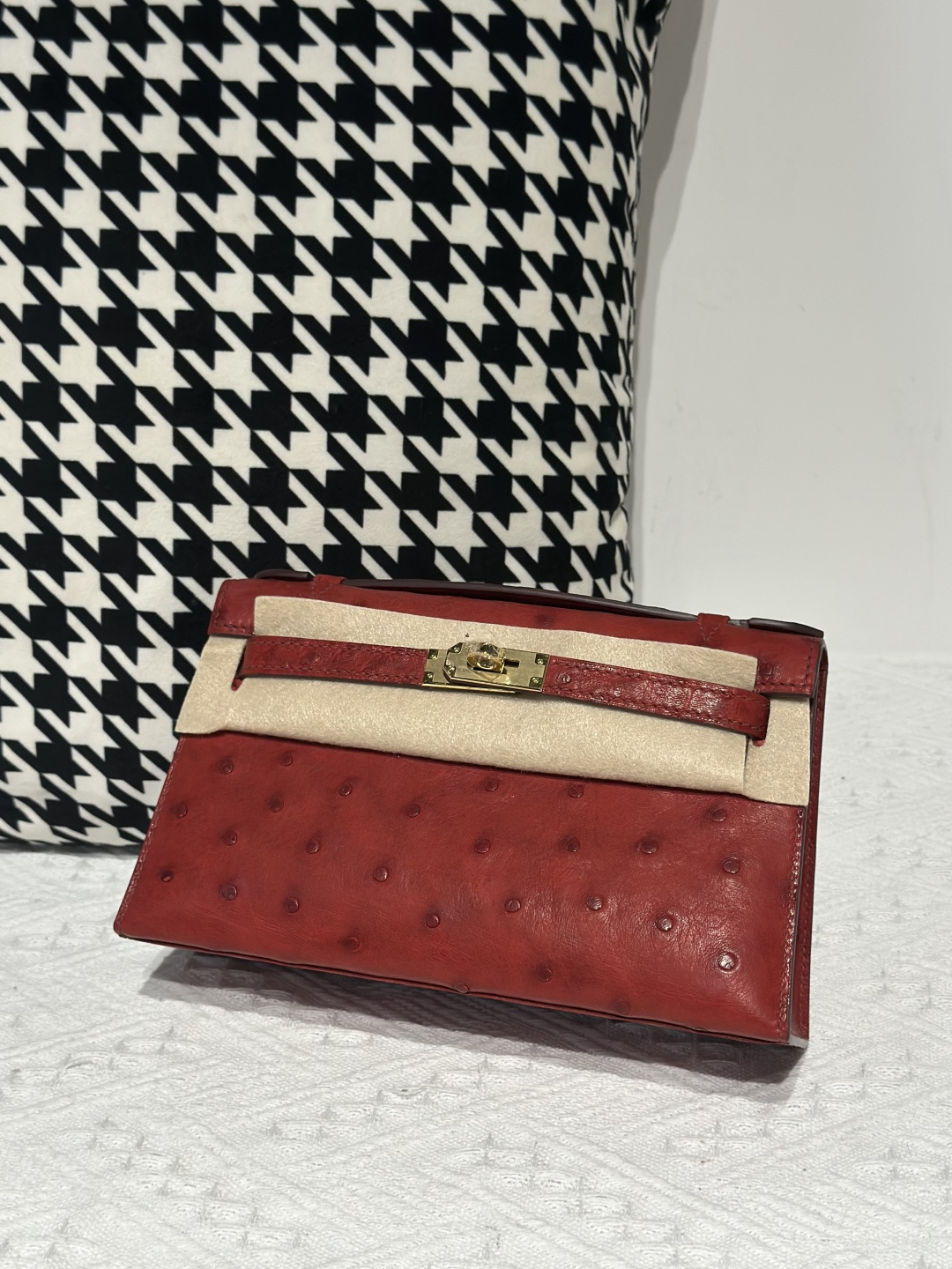 Ostrich Leather Burgundy Gold Hardware Series I Flap Shoulder Bag WOB025 photo 2