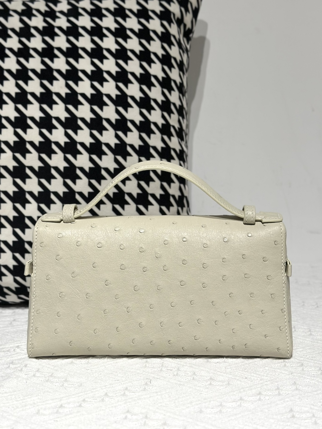 Ostrich Leather Wool White Gold Hardware Top Handle Bag WOB026 photo 2