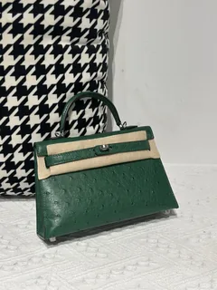 Ostrich Leather Velvet Green Silver Hardware Series II Top Handle Bag WOB027 image 1
