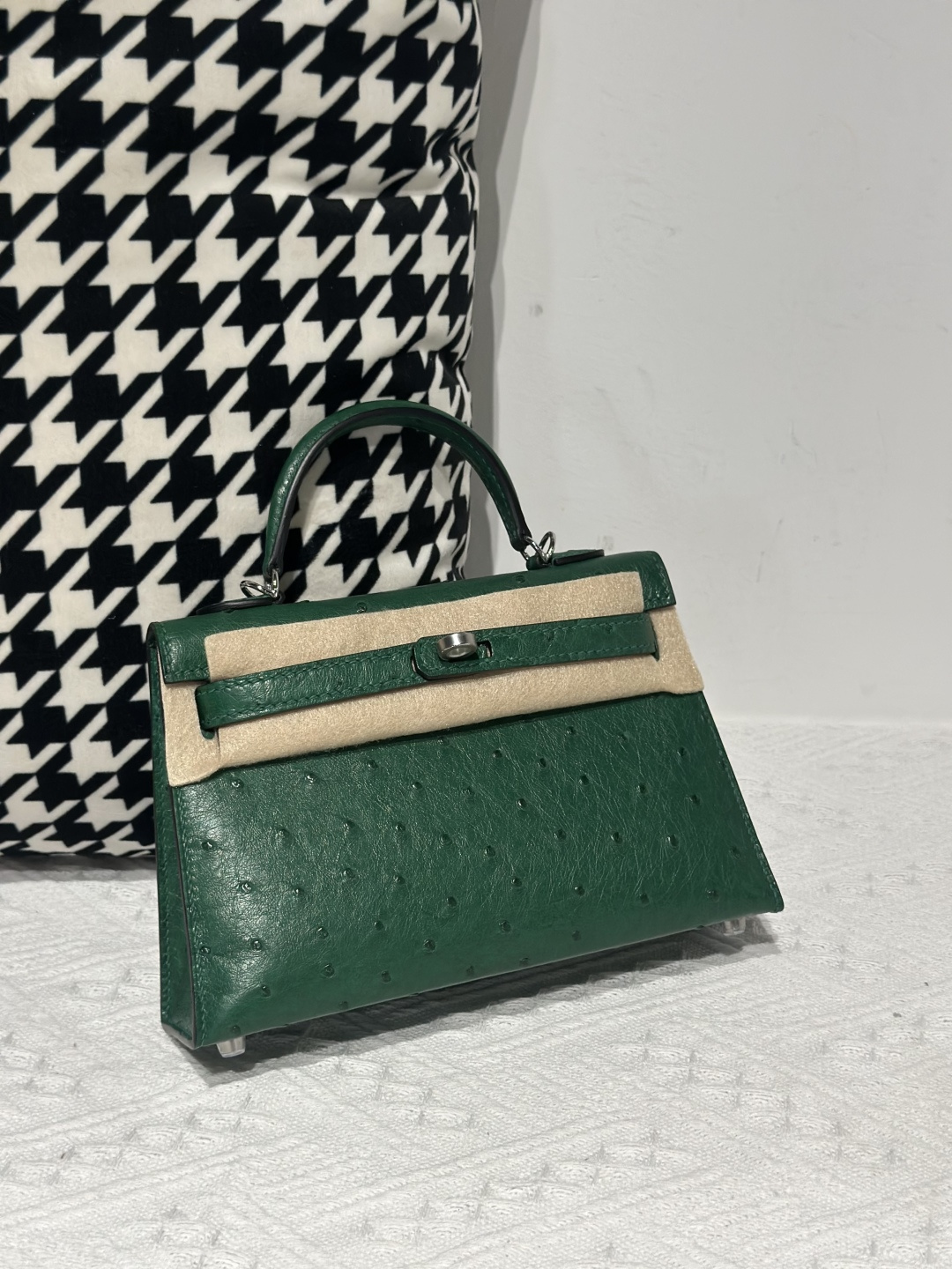 Ostrich Leather Velvet Green Silver Hardware Series II Top Handle Bag WOB027