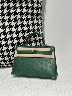 Ostrich Leather Velvet Green Silver Hardware Series II Top Handle Bag WOB027 image 2