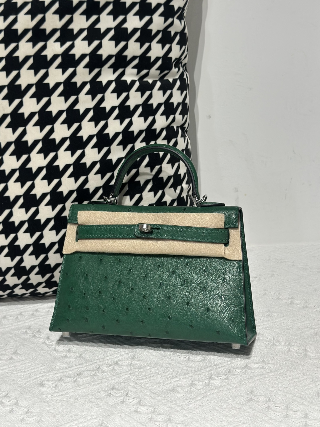 Ostrich Leather Velvet Green Silver Hardware Series II Top Handle Bag WOB027 image 2