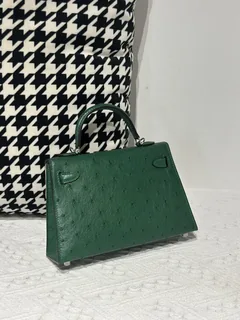 Ostrich Leather Velvet Green Silver Hardware Series II Top Handle Bag WOB027 image 3