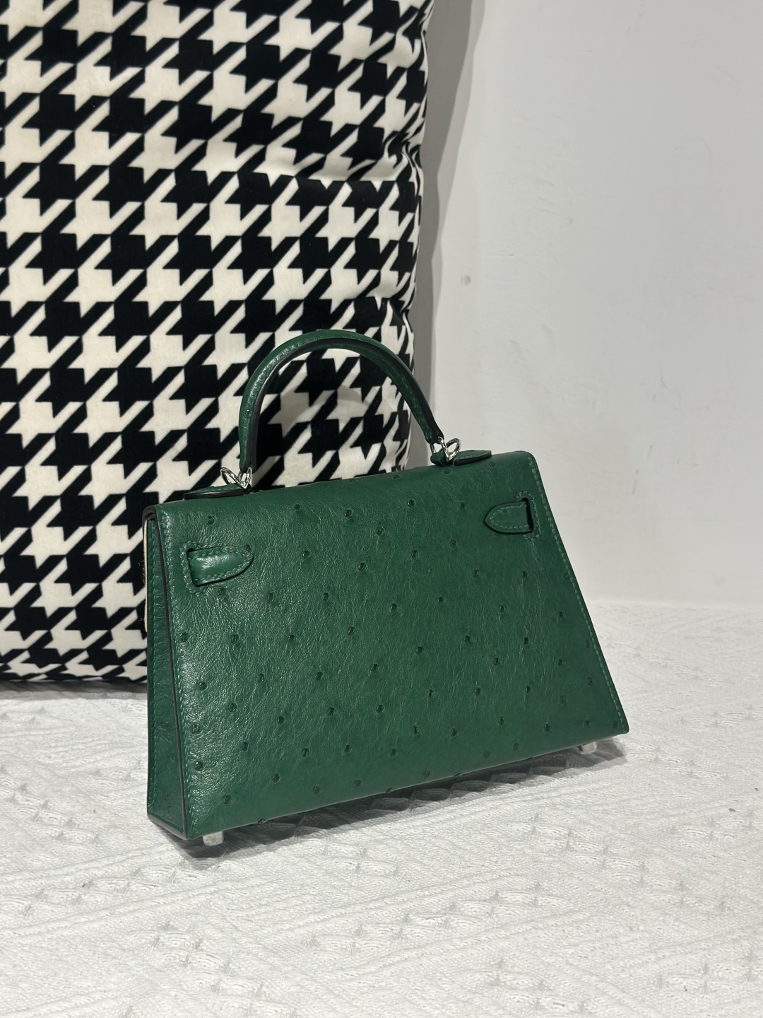 Ostrich Leather Velvet Green Silver Hardware Series II Top Handle Bag WOB027 image 3