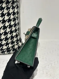 Ostrich Leather Velvet Green Silver Hardware Series II Top Handle Bag WOB027 image 4